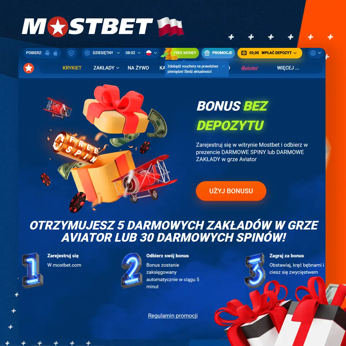 Jak otrzymać bonus bez depozytu w Mostbet?
