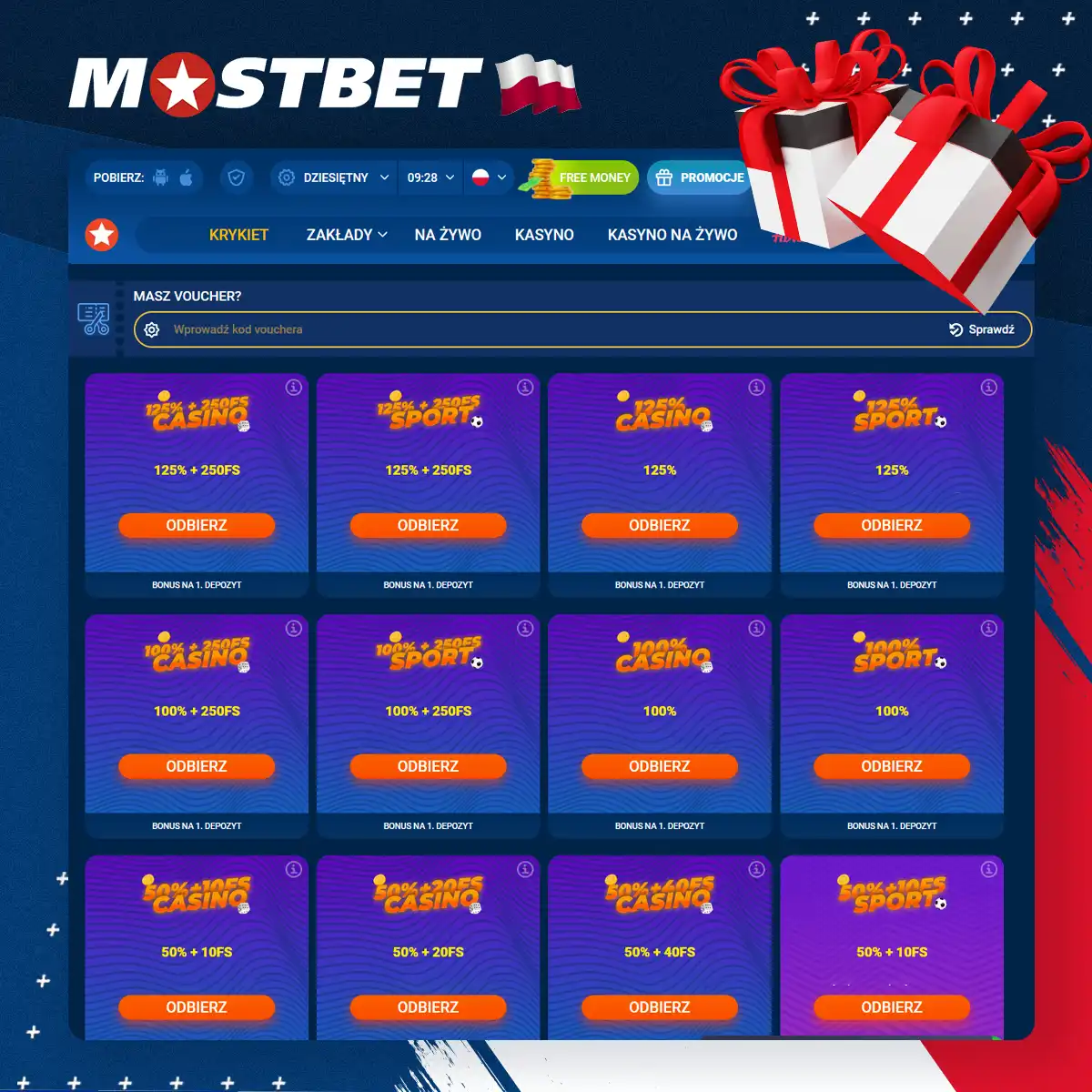 Bonus powitalny na kasyno i sport dla polskich graczy Mostbet