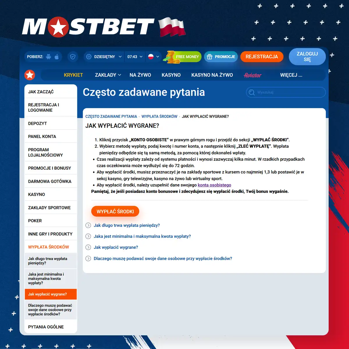 Zasady wypłaty wygranych w Mostbet